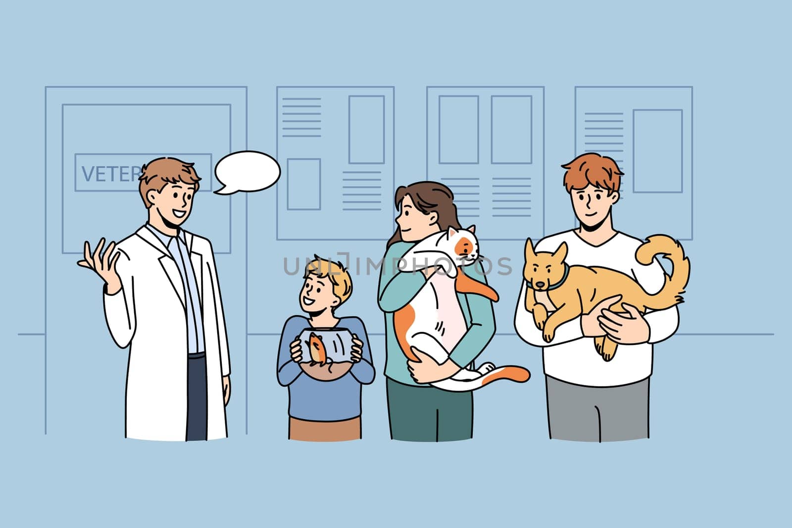 Working as veterinarian with animals concept. Young smiling doctor veterinarian standing and greeting clients with mouse cat and dog on clinic vector illustration