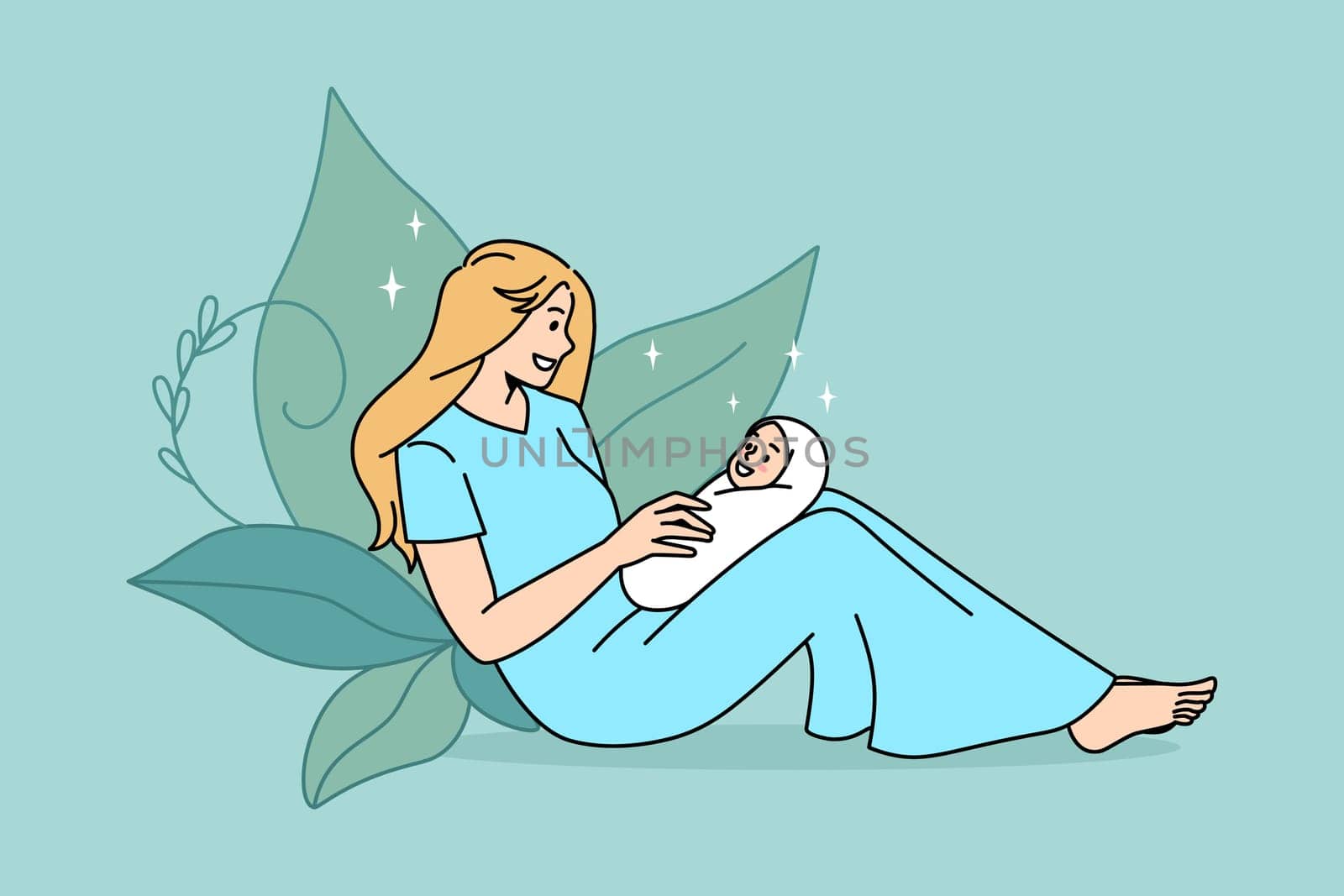 Happy maternity and motherhood concept. Smiling young woman mother wearing blue dress sitting and holding her small baby newborn infant in hands feeling love vector illustration