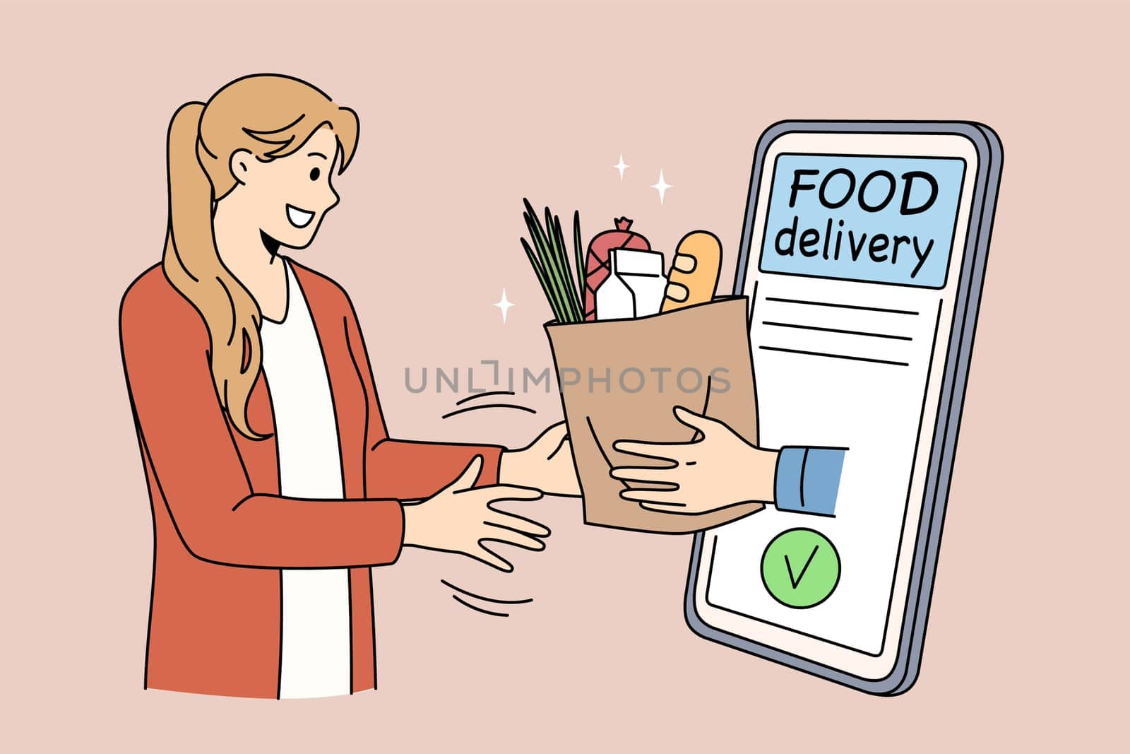 Food Delivery service to home concept. Young smiling woman standing getting food parcel from online from smartphone screen vector illustration