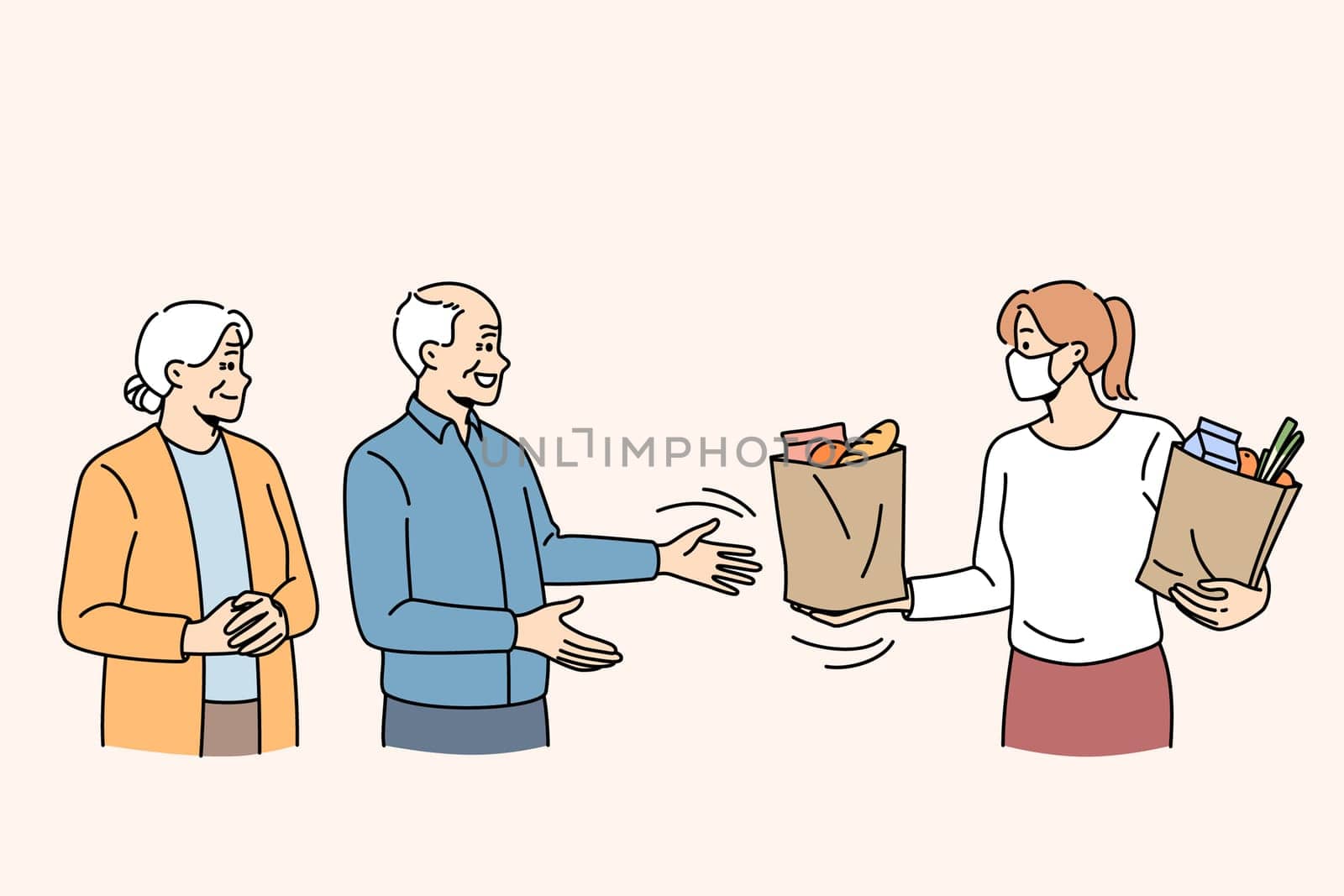 Delivery service and covid-19 concept. Senior mature couple standing getting food parcel from woman courier during pandemic times vector illustration