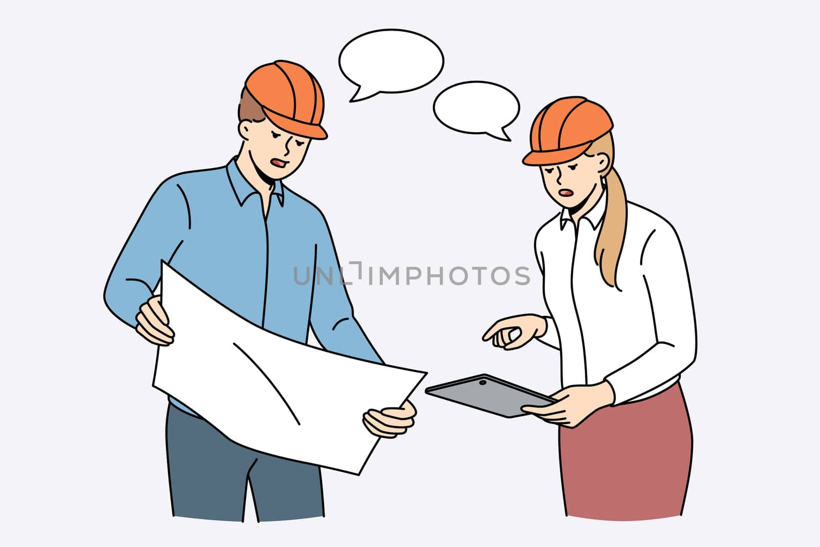 Construction engineers and workers concept. Young woman and man workers engineers teammates in helmets standing and discussing plan of blueprints construction vector illustration