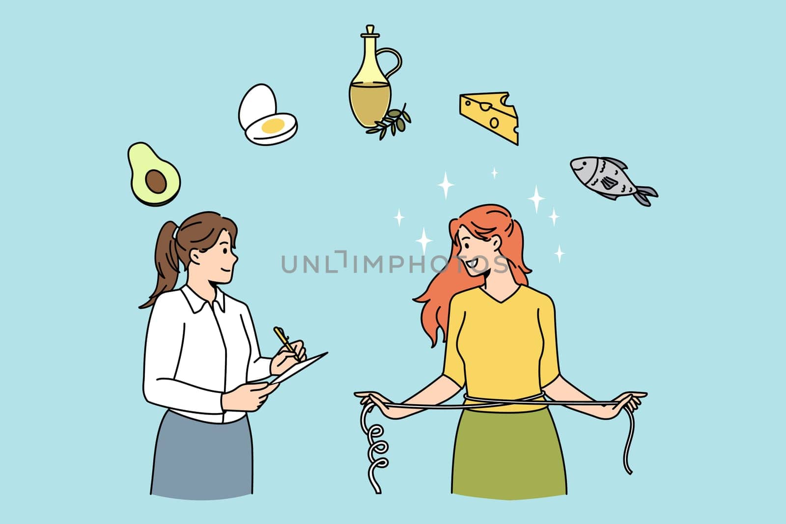 Healthy eating and dieting concept. Young woman doctor nutritionist standing and giving recommendations of diet healthy foods for slimming young woman vector illustration