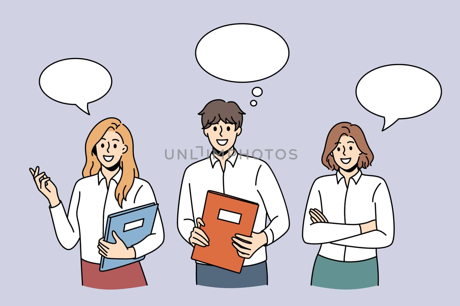 Business communication and chat concept. Group of young business people coworkers standing with documents with speech bubble above communicating vector illustration