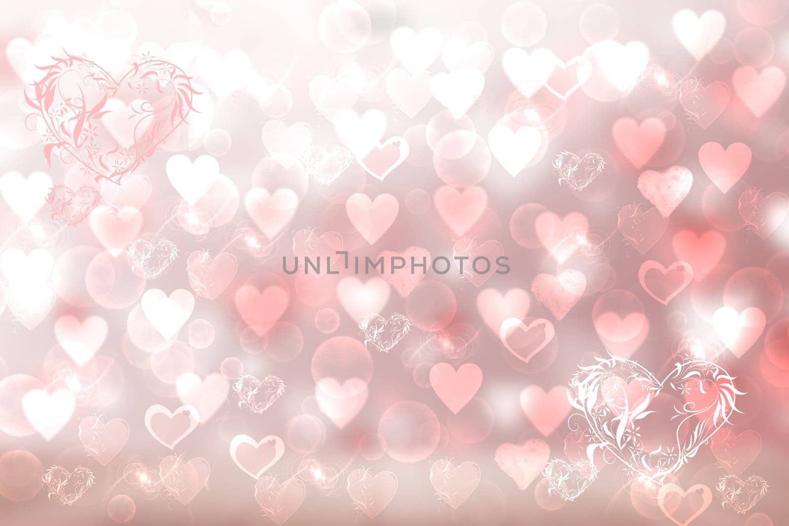 Valentines or wedding day card template. Abstract delicate love romantic holiday gradient pink orange background texture with hearts. Beautiful backdrop with space.