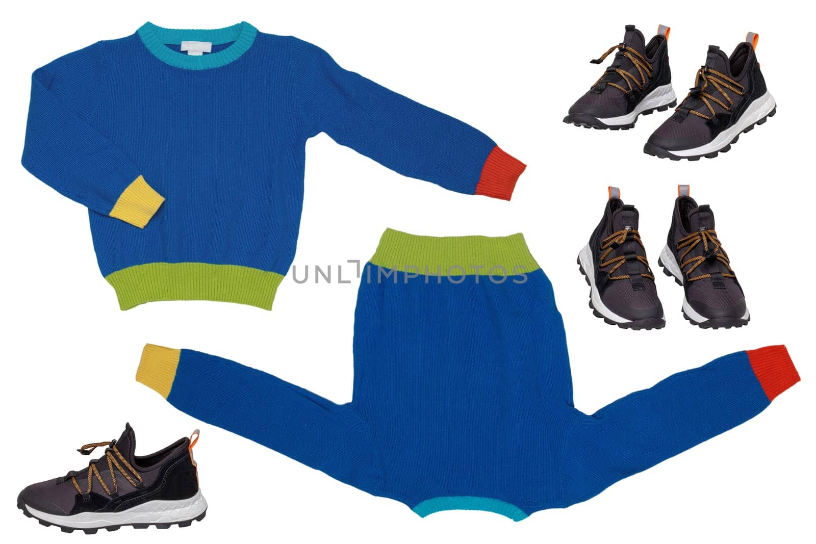 Collage set of a beautiful blue little child sweater or knitted cardigan and modern sneakers or sports shoes for child boy isolated on white. Autumn and winter fashion for kids.