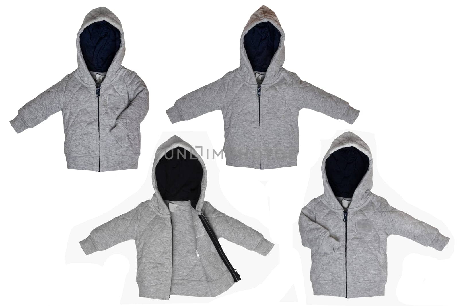 Collage set of a trendy gray hoodie sport jacket or cardigan for child boy in various views isolated on a white background. Childrens spring, autumn and winter fashion.