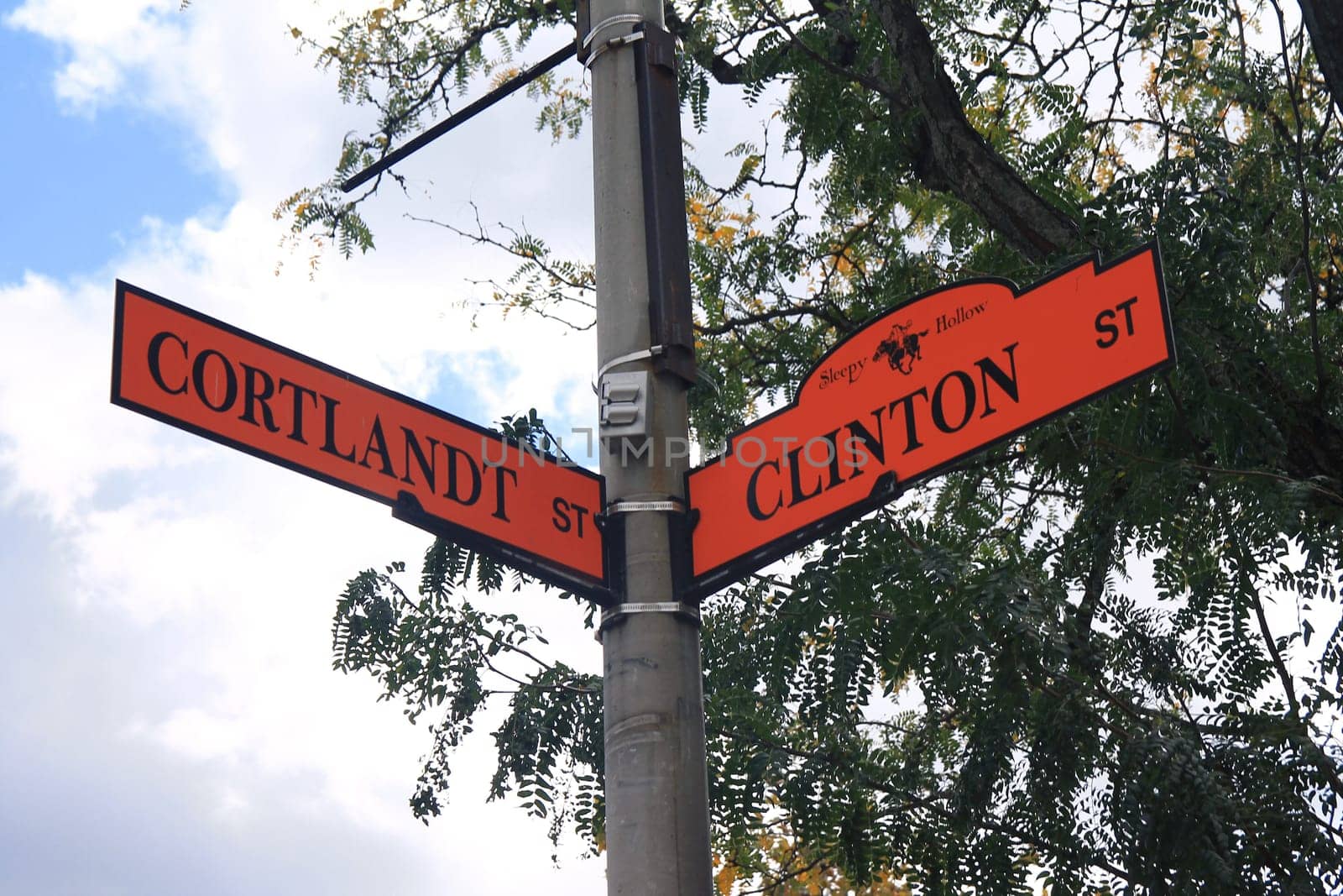 Orange sign on the corner between Cortlandt and Clinton street in Sleepy Hollow in New York State