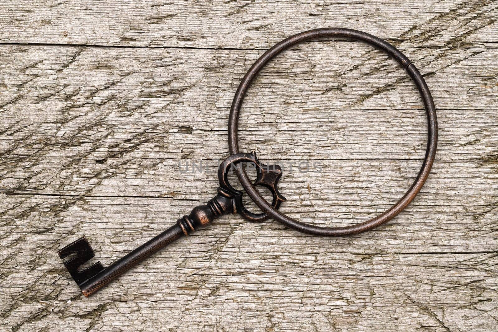 vintage key with ring on a grungy wooden background