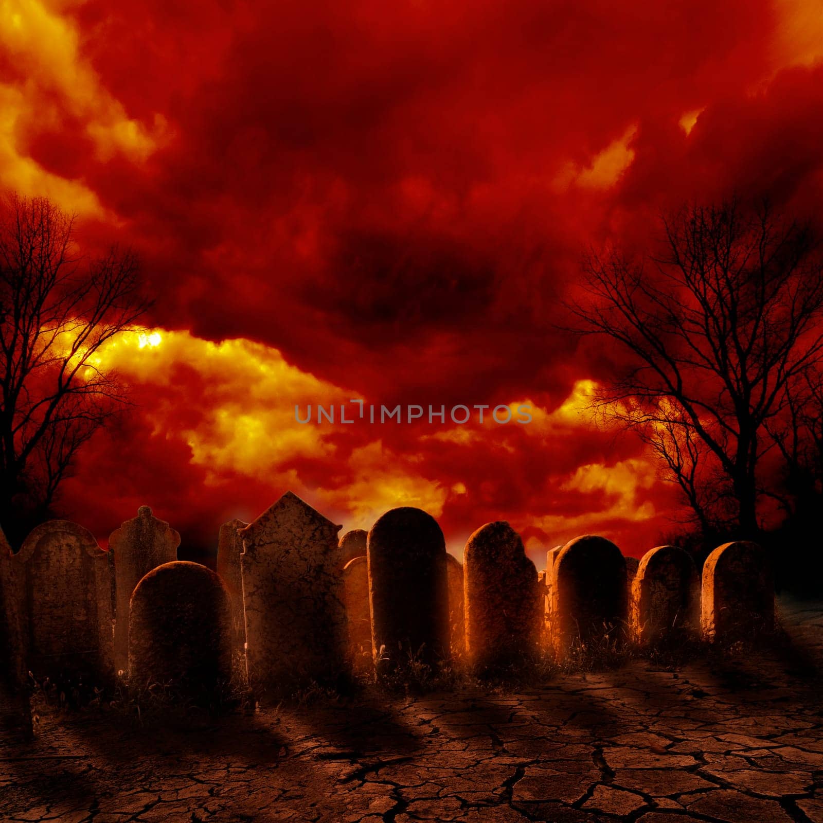 Spooky graveyard with burning sky