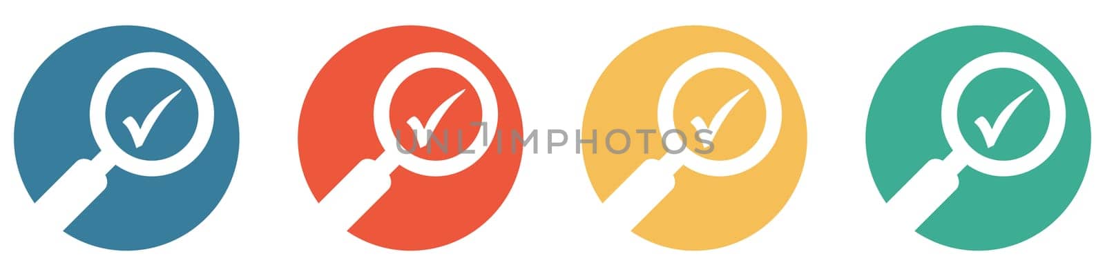 4 colorful Buttons blue, red, orange and green showing: Search and find