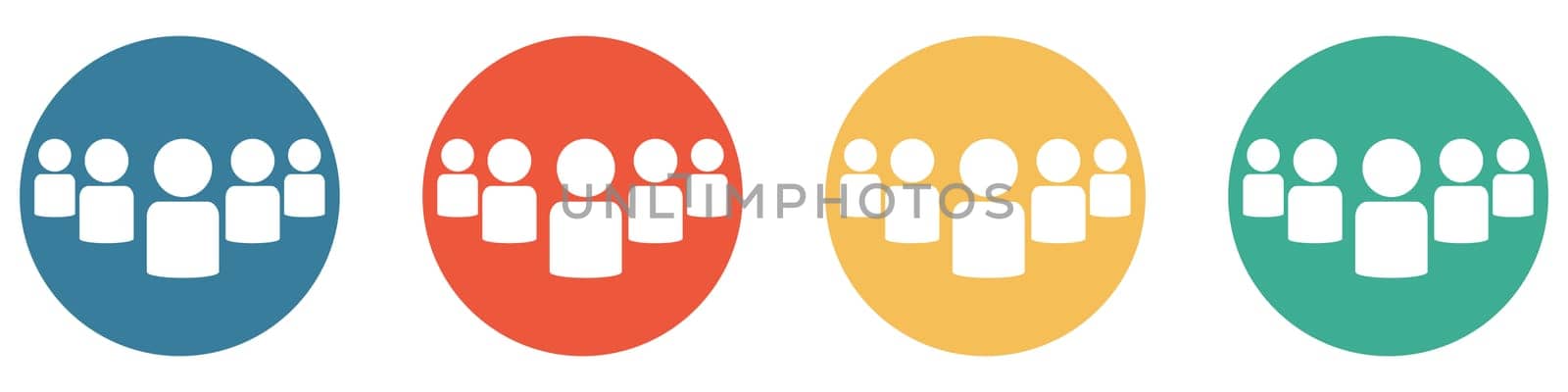 4 colorful Buttons blue, red, orange and green showing: Group of 5 People