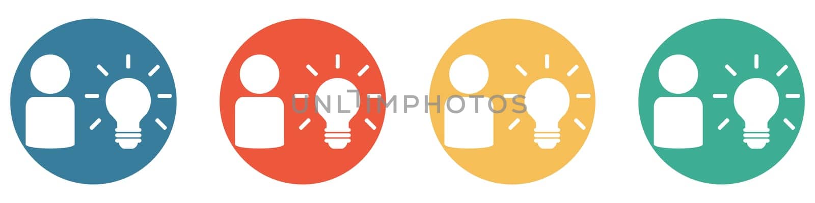 4 colorful Buttons blue, red, orange and green showing: Person and lightbulb - Creativity