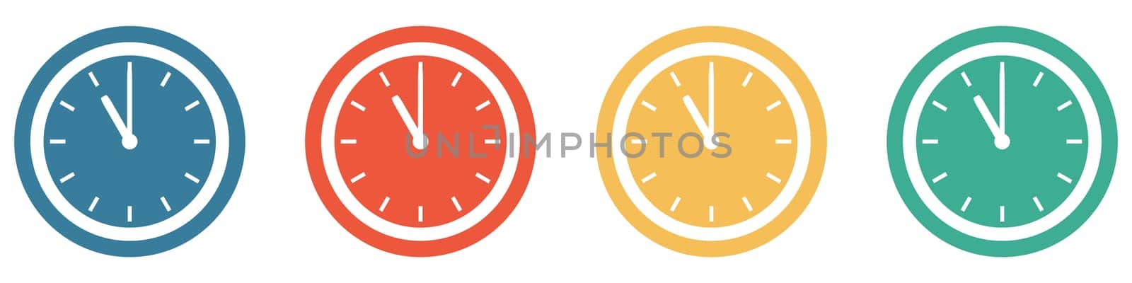 4 colorful Buttons blue, red, orange and green showing: Time, Clock or Watch