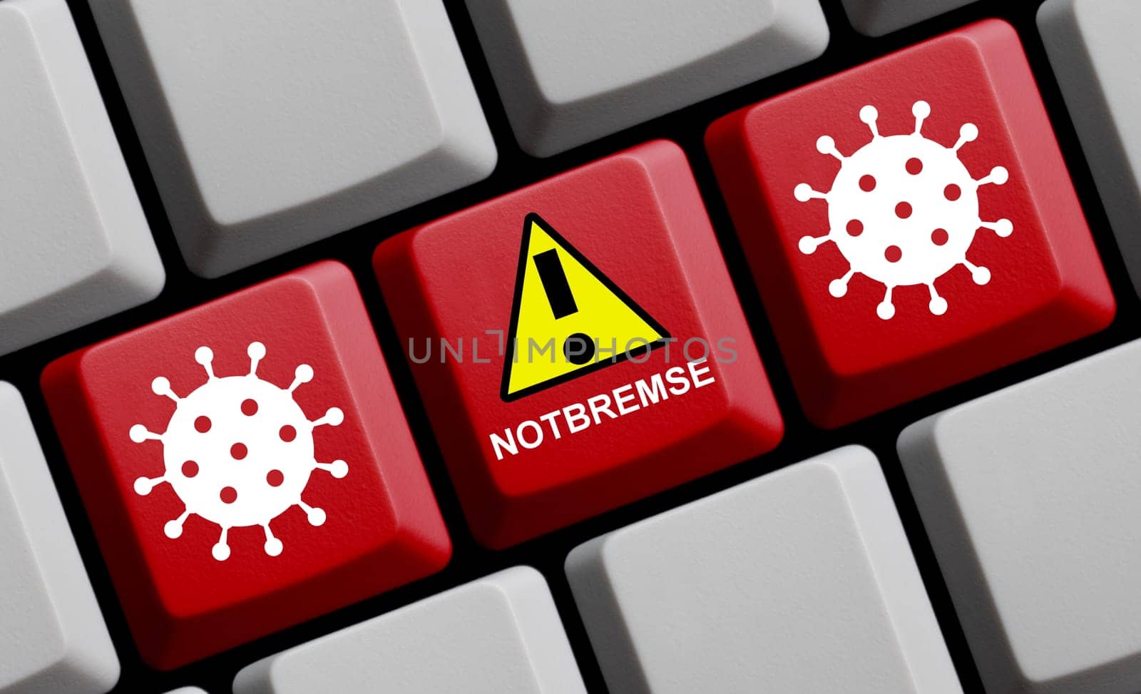 Red computer keyboard showing Emergency break in german language - Covid-19 concept 3D illustration