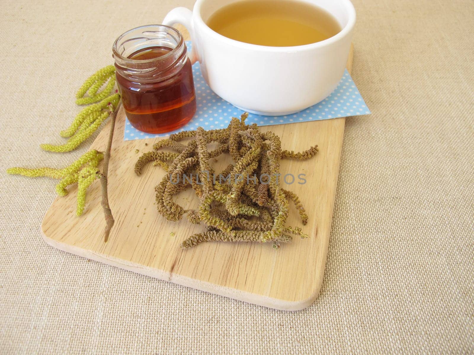 Herbal tea with hazel catkins, hazel flowers from hazel bush