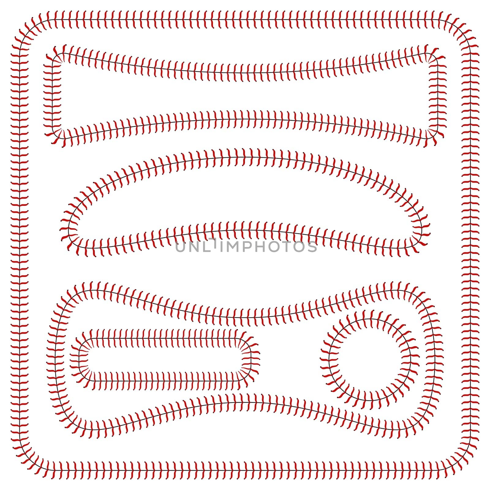 Baseball Stitches and Frames Set Isolated on White Background.