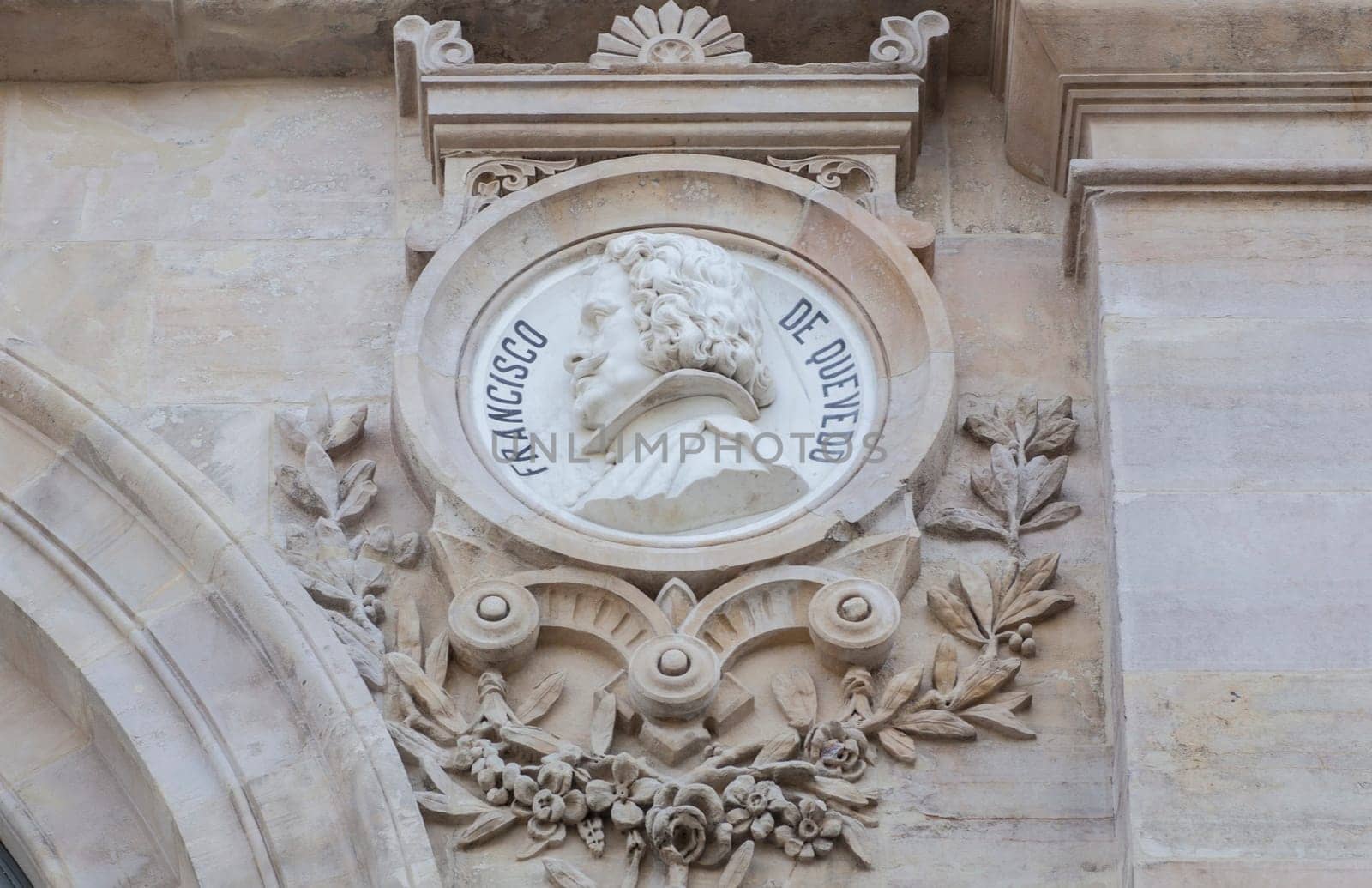 Madrid, Spain - March 6th, 2021: Francisco de Quevedo medallion at National Library of Spain, Madrid. Spanish writer of the Baroque era