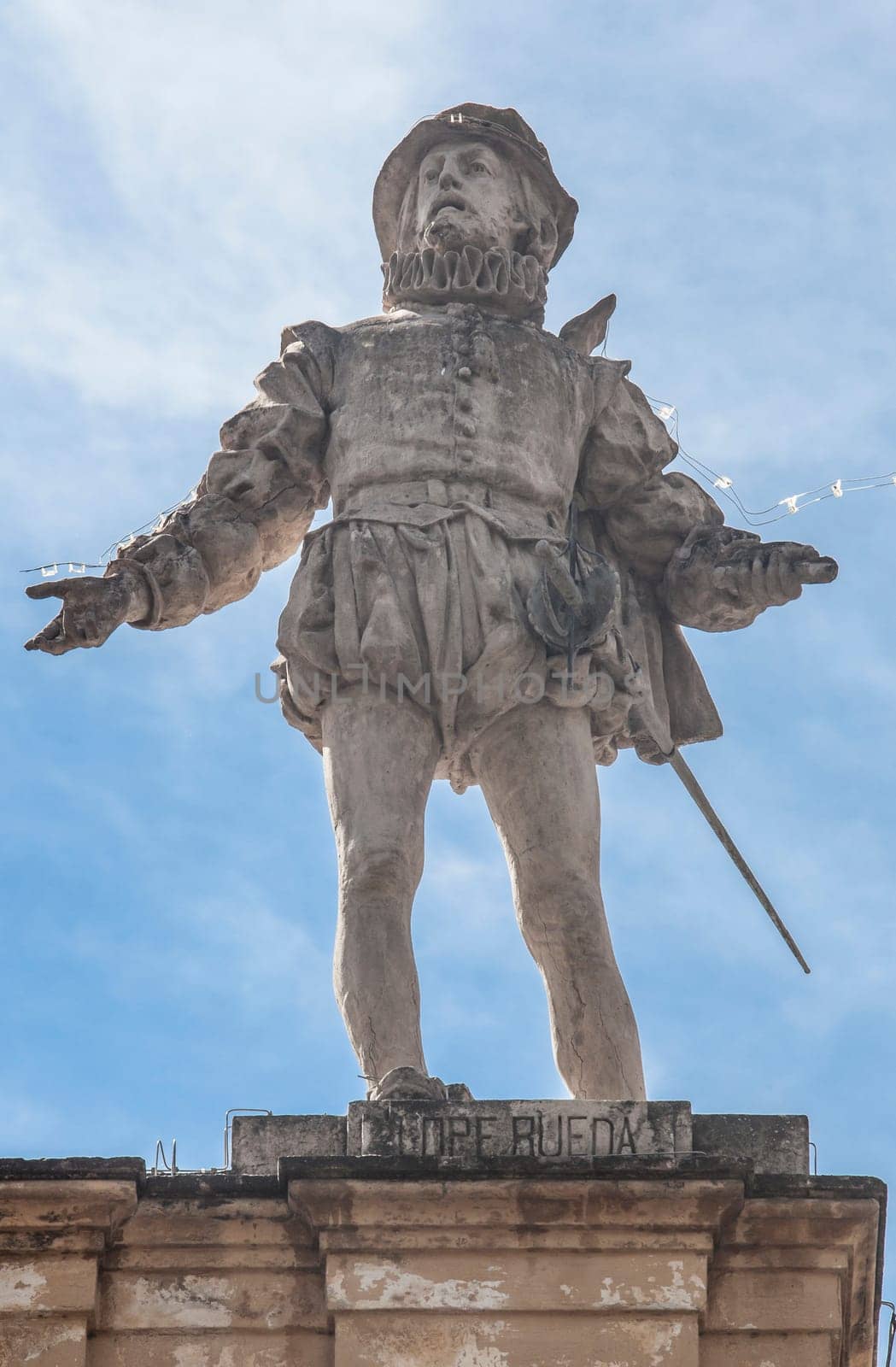 Seville, Spain: Sept, 27th, 2020: Lope de Rueda, 16th Century Spanish dramatist author. Palace of San Telmo, Seville, Spain. Sculpted by Antonio Susillo