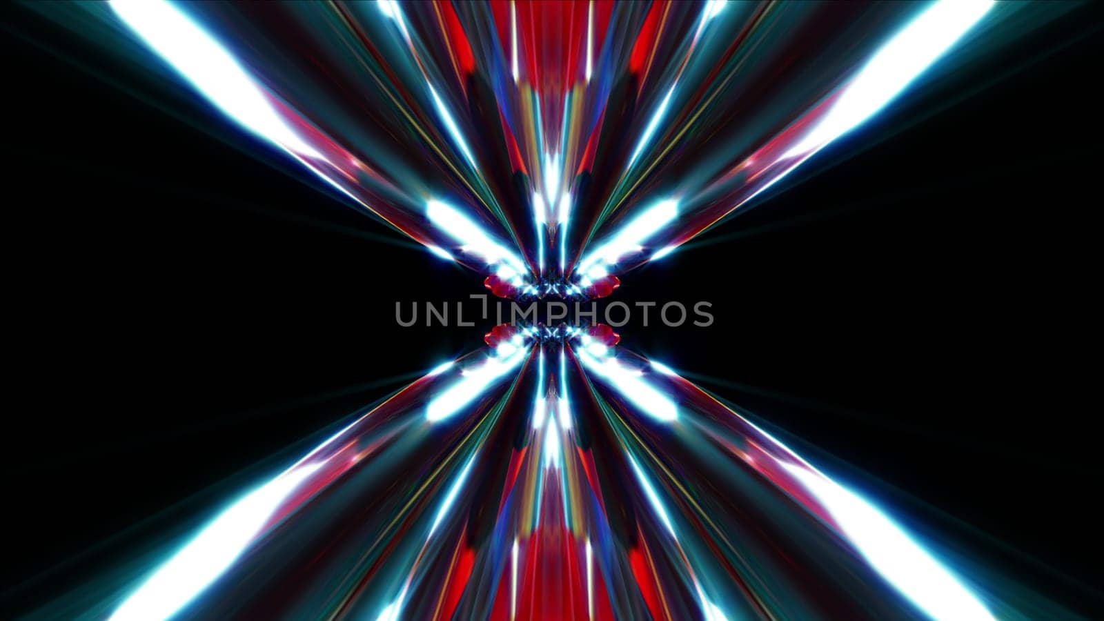 Geometric glowing lines 3d render of crystals with optical highlights. Futuristic hyper transition in hypnotic synthwave space. Digital design decoration in modern web art.