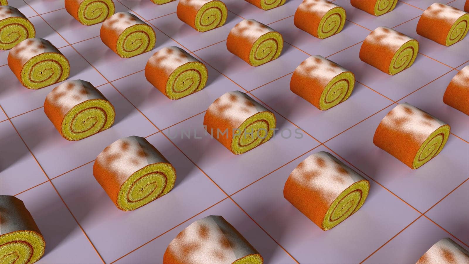 Sweet cakes lying on separate 3d render squares Delicious dessert with fragrant jam filling for breakfast and snacks. Appetizing muffins sprinkled with powdered sugar to decorate any holiday.