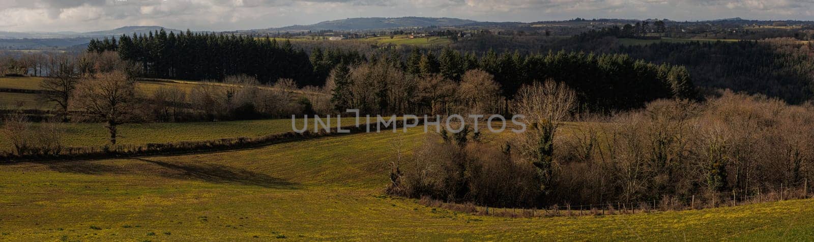 Blue landscape with hill and forest and cloudy sky