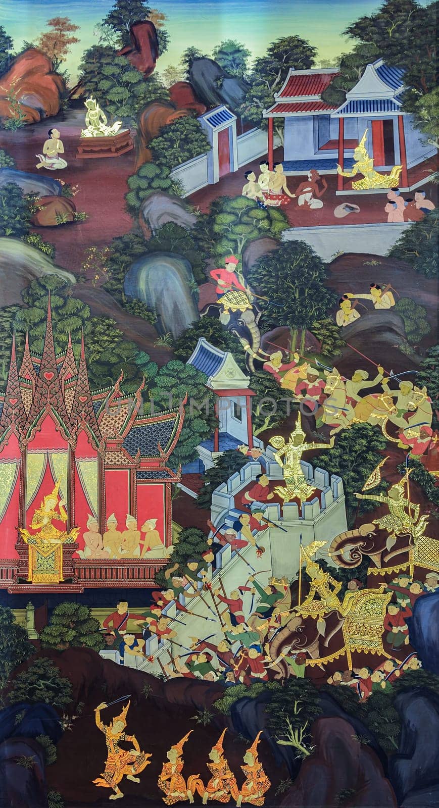 BANGKOK ,THAILAND - NOVEMBER 5, 2014 : Ancient Buddhist temple mural painting of the life of Buddha inside of Wat Kalayanamitr Varamahavihara in Bangkok, Thailand
