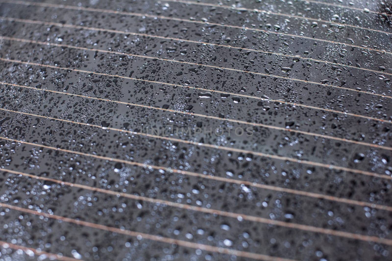 Drops of water on rear car window, heating stripes visible.