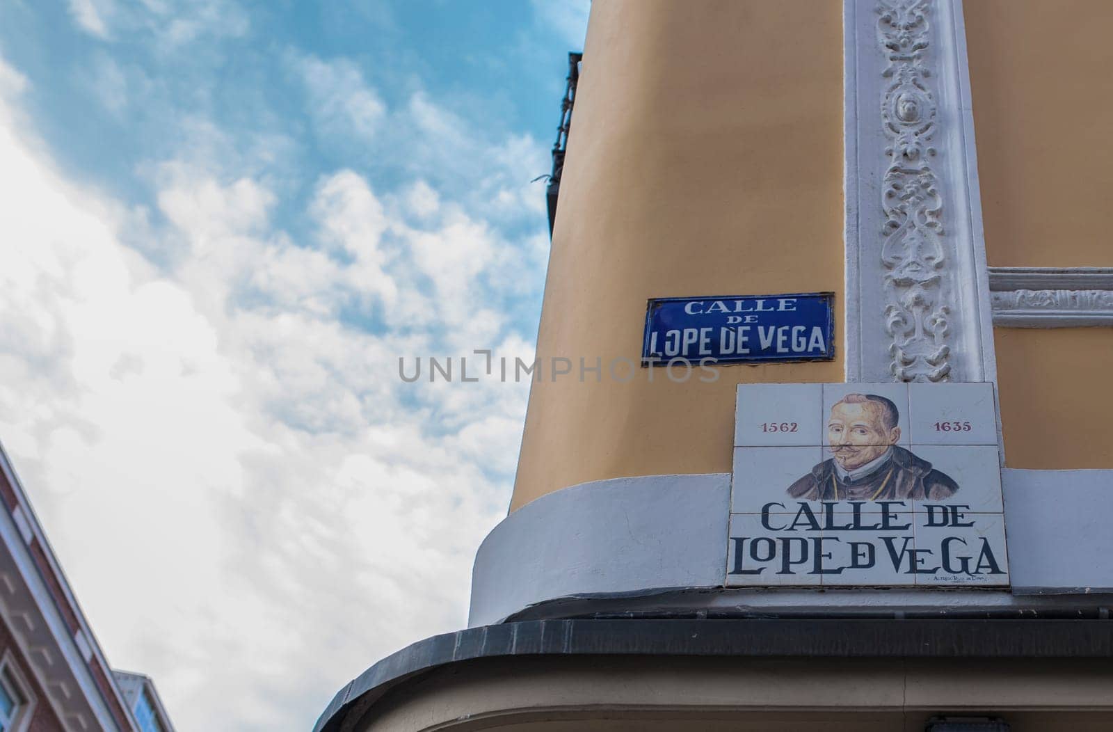 Lope de Vega, key figure in the Spanish Golden Age of literature. Street plaque at Madrid Literary Quarter