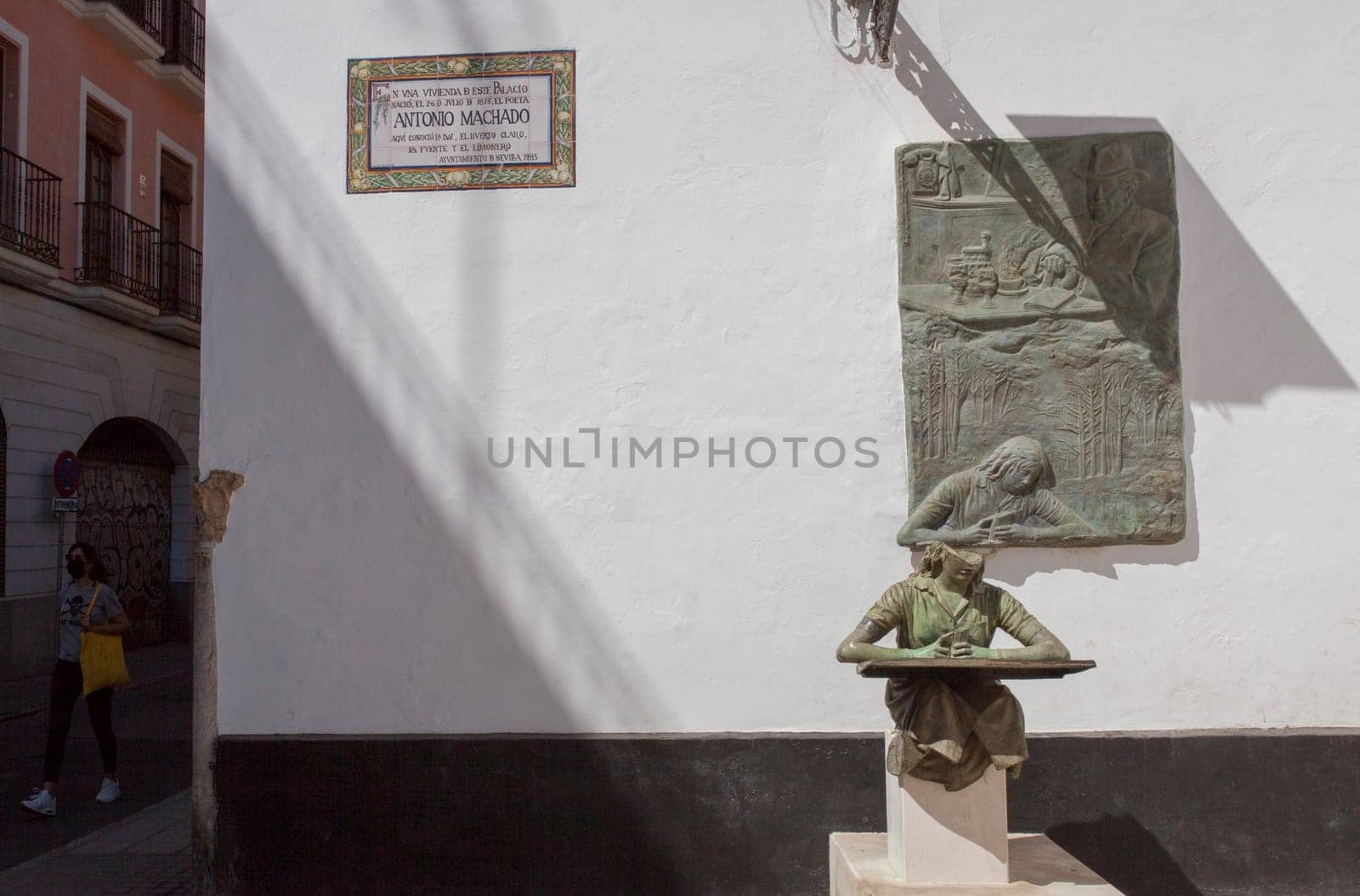 Seville, Spain - Sept 26th, 2020: Antonio Machado, spanish poet, leading figures of Generation of 98. Julio Lopez sculpter