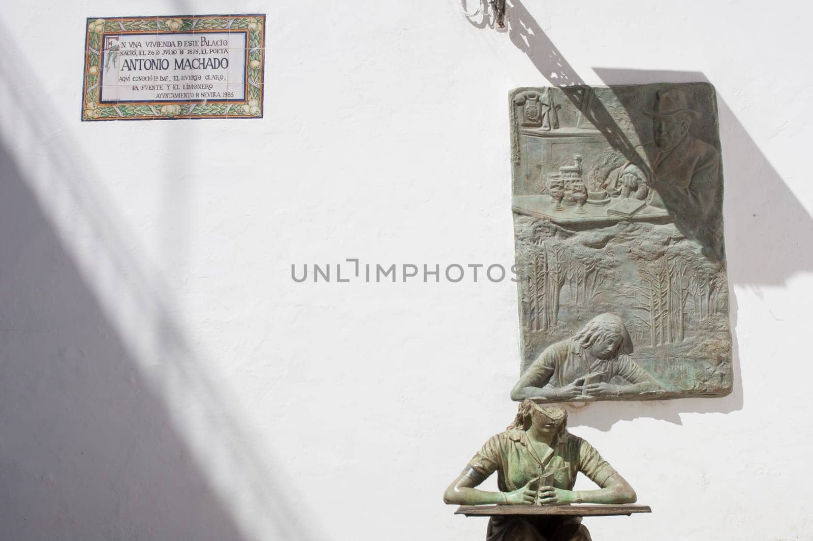 Seville, Spain - Sept 26th, 2020: Antonio Machado, spanish poet, leading figures of Generation of 98. Julio Lopez sculpter
