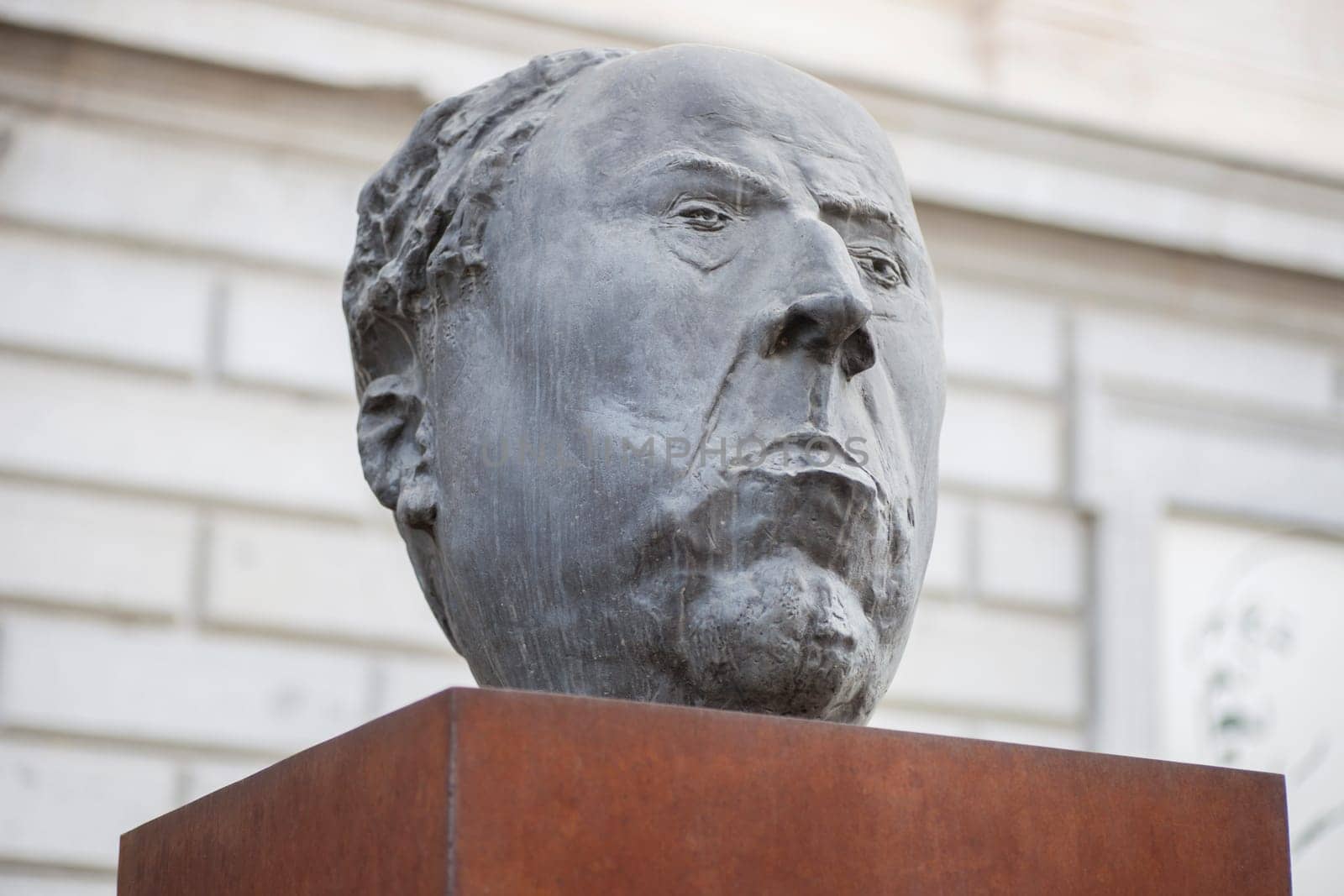 Madrid, Spain - March 6th, 2021: Antonio Machado, spanish poet, leading figures of Generation of 98. Bust at National Library of Spain, Madrid. Antonio Serrano sculpter