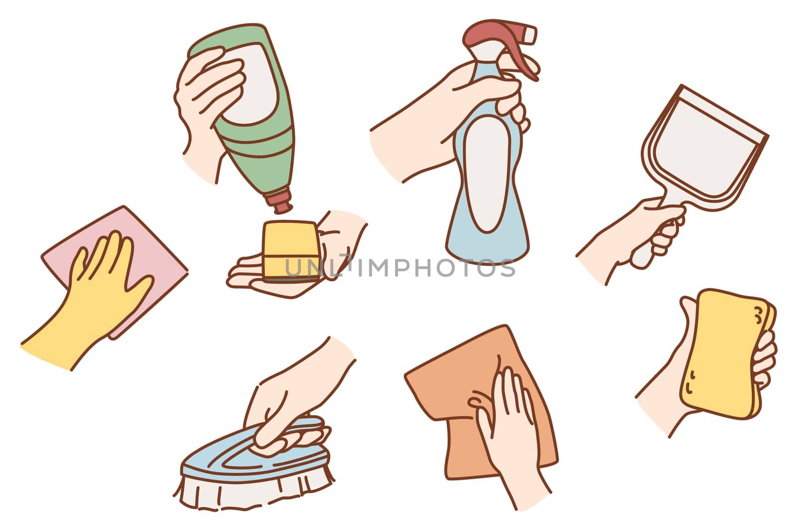 Hand of person clean surface with sponge and detergent. Set of housekeeper professional wash cleanse house. Cleaner or home help give good quality services. Housekeeping. Vector illustration.