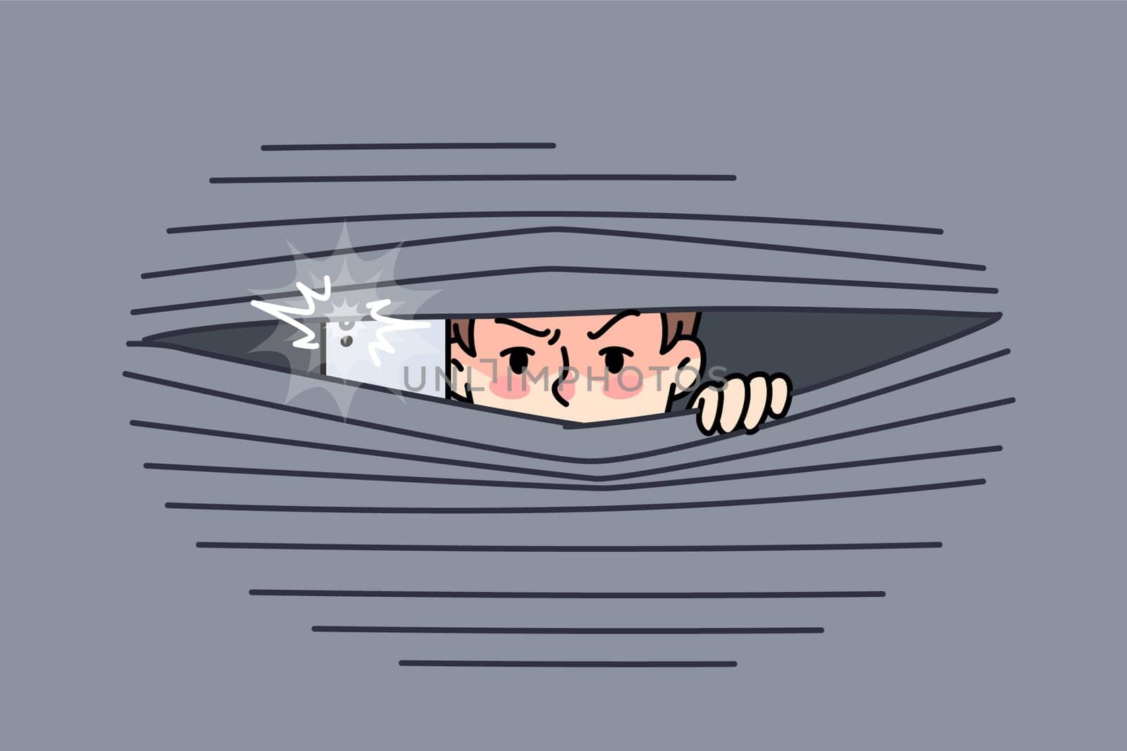 Male paparazzi hide behind curtain take pictures with camera. Man photographer hidden from people make photos with phone. Reporter and journalist job. Flat vector illustration.