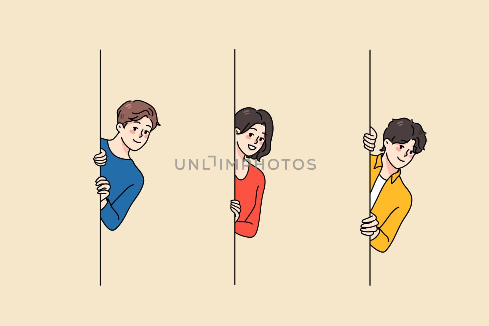 Diverse smiling people peek from corner get to know news. Happy men and women look out from wall spy for hidden information or secret data. Curiosity concept. Flat vector illustration.