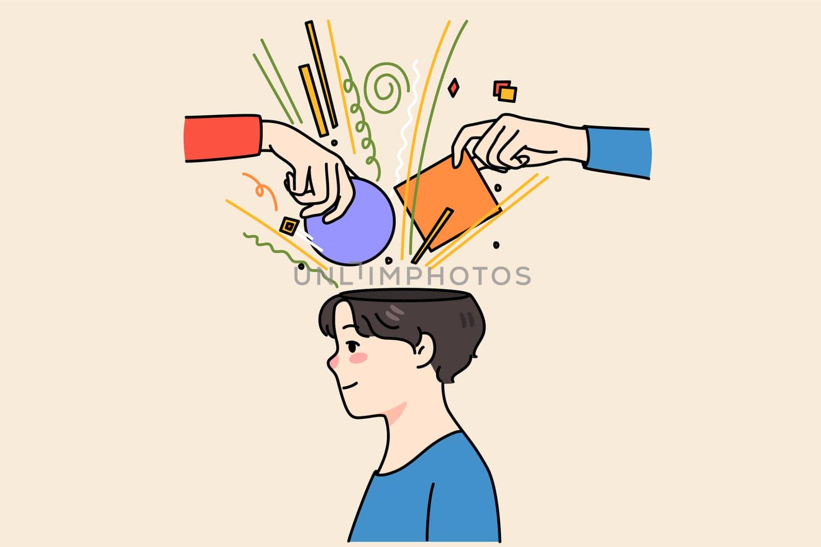 People hands put object in person head help with brainstorming or thinking process. Guy involved in solving problems or issues. Search for solution concept. Flat vector illustration.