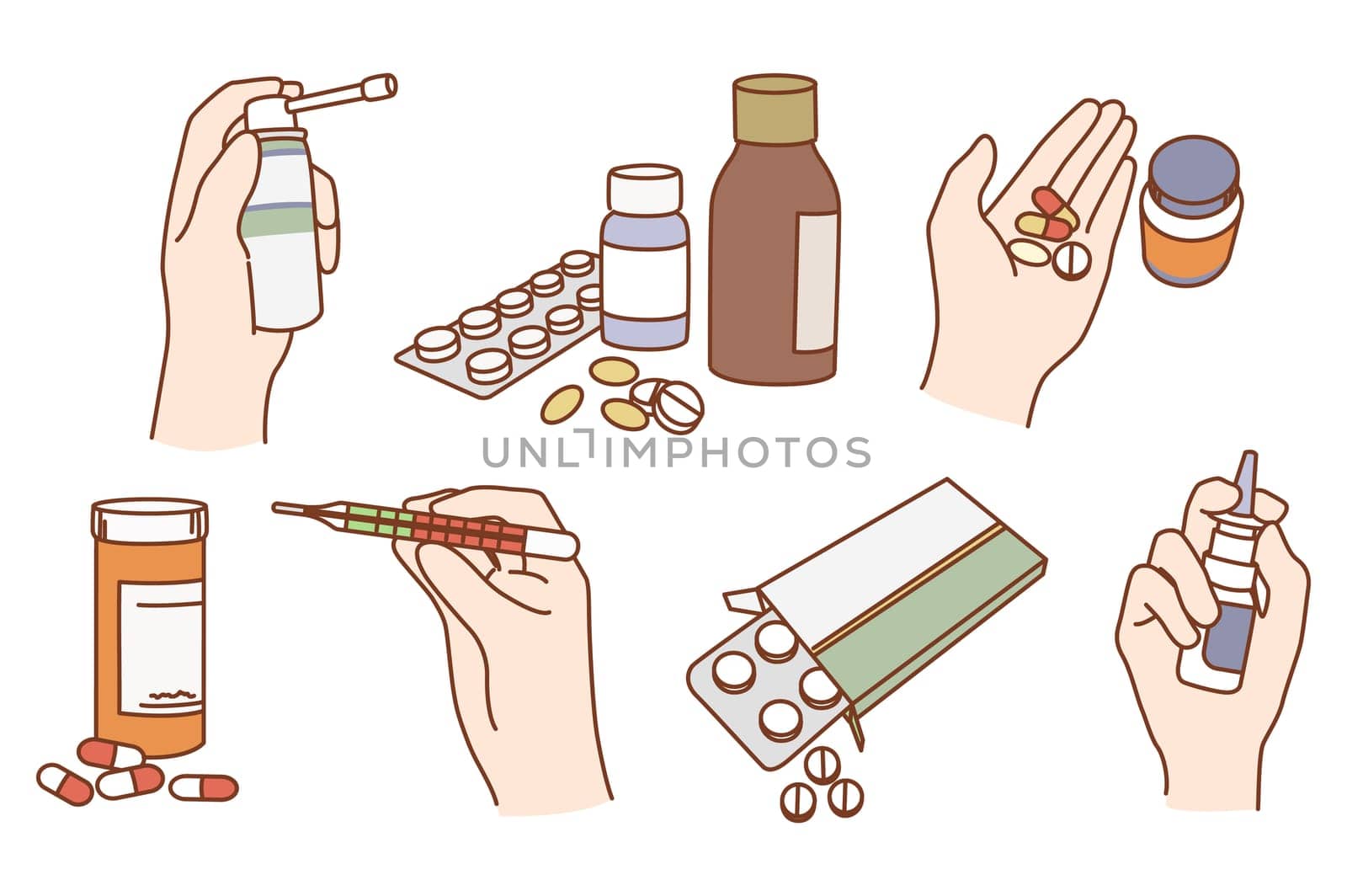 Set of diverse medications to relieve illness symptoms. Collection of pills and drugs, syrup and spray for sick or ill patient. Medicine and healthcare concept. Flat vector illustration.
