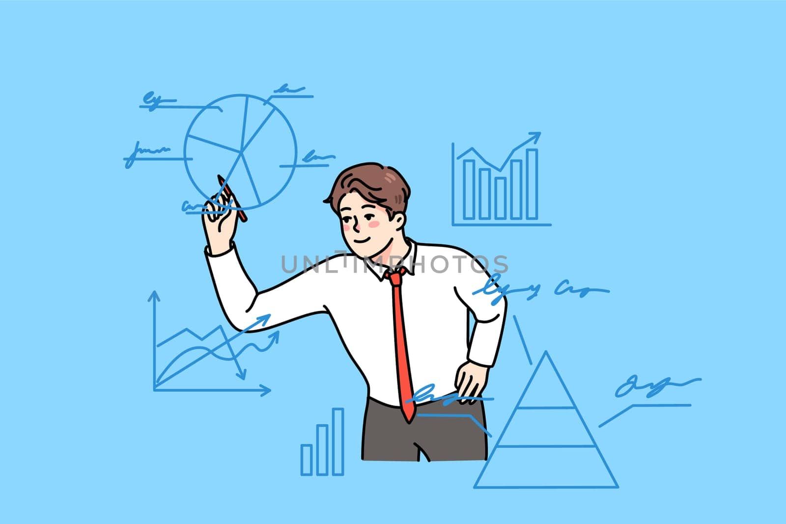 Young successful businessman work with graphs or charts on board in office. Smiling male employee brainstorm over financial startup project at workplace. Financier job. Vector illustration.