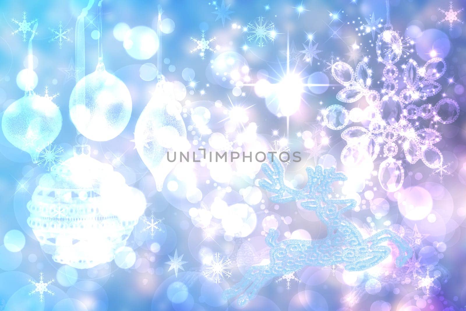 Abstract blurred festive delicate winter christmas or Happy New Year background texture with shiny light turquoise blue and bright bokeh lighted stars and snowflakes. Card concept.
