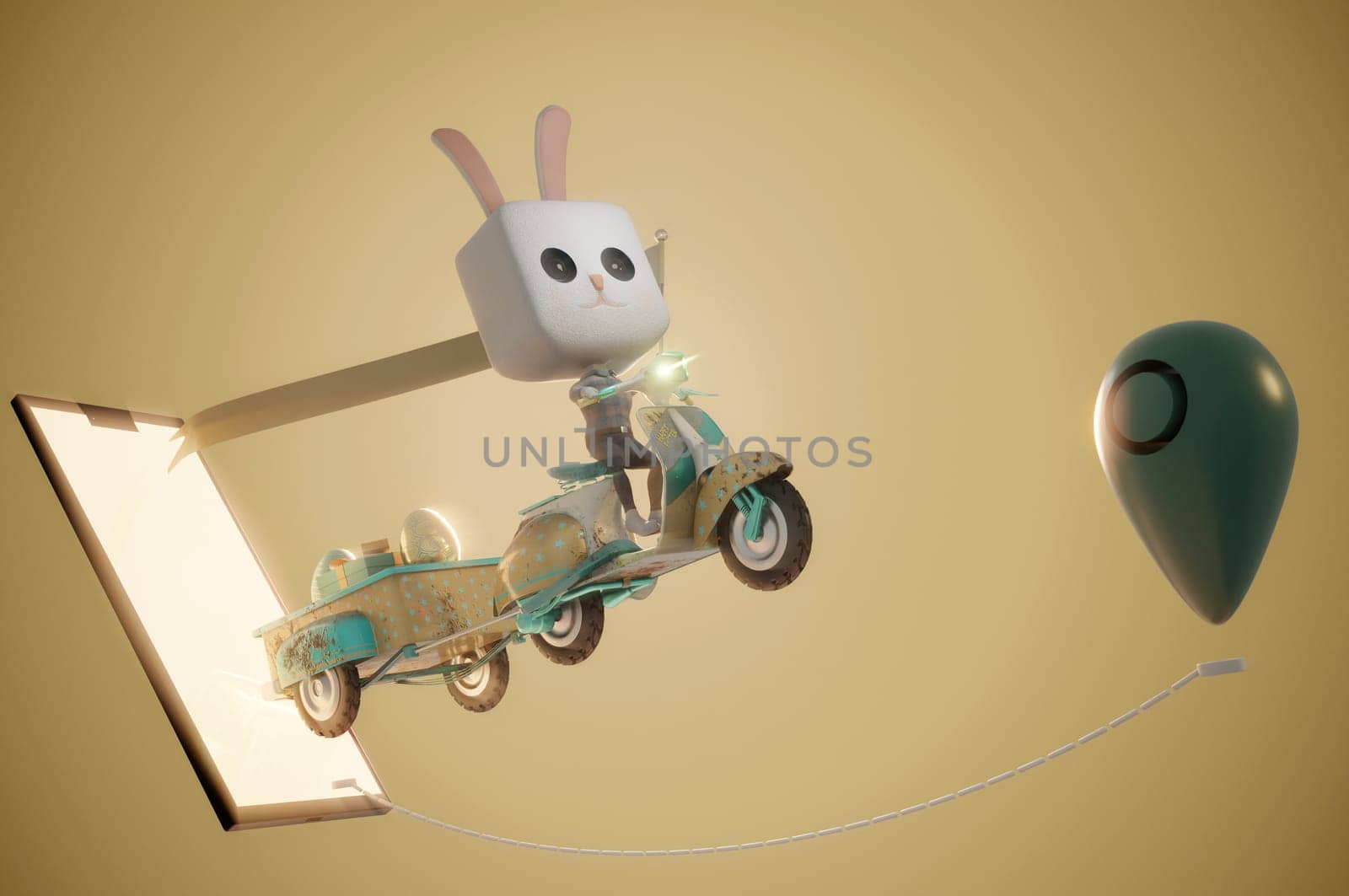 3d illustration. Easter bunny Rabbit riding a scooter . Concept Easter delivery concept.