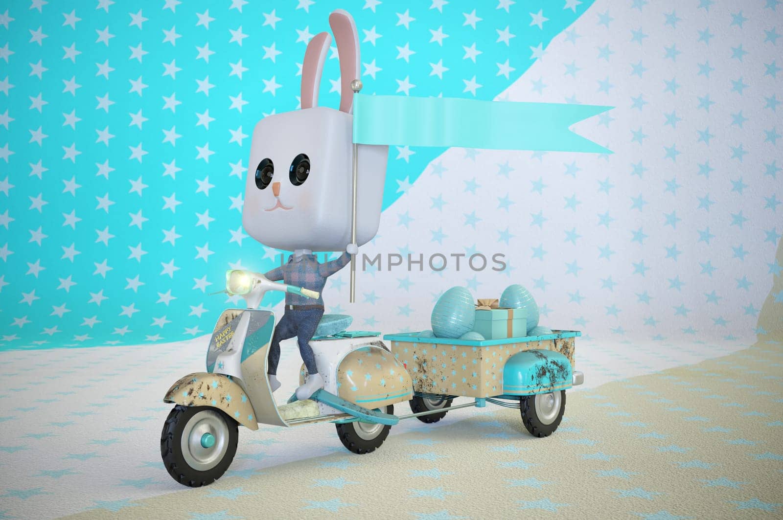 3d illustration. Easter bunny Rabbit riding a scooter .