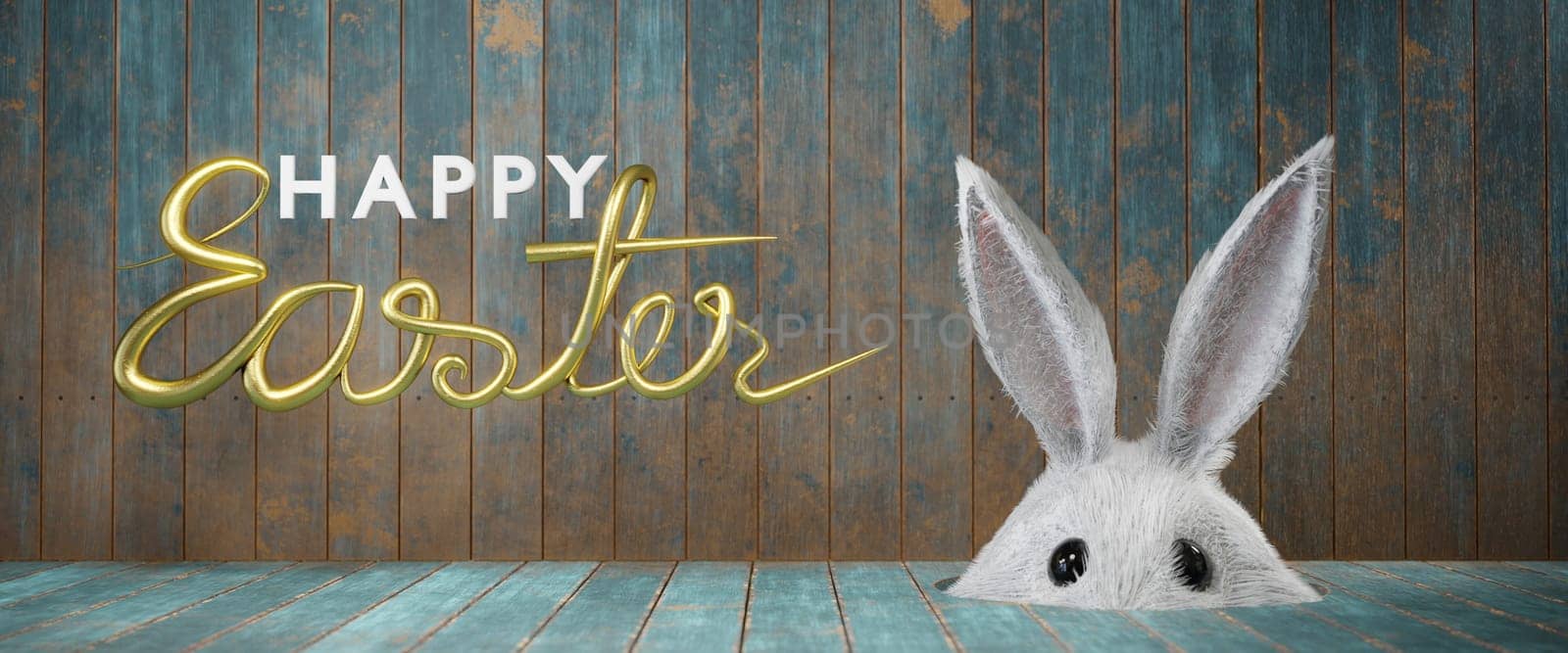 3d illustration. Easter concept. Bunny looking from a hole . copy space for text. Web banner format