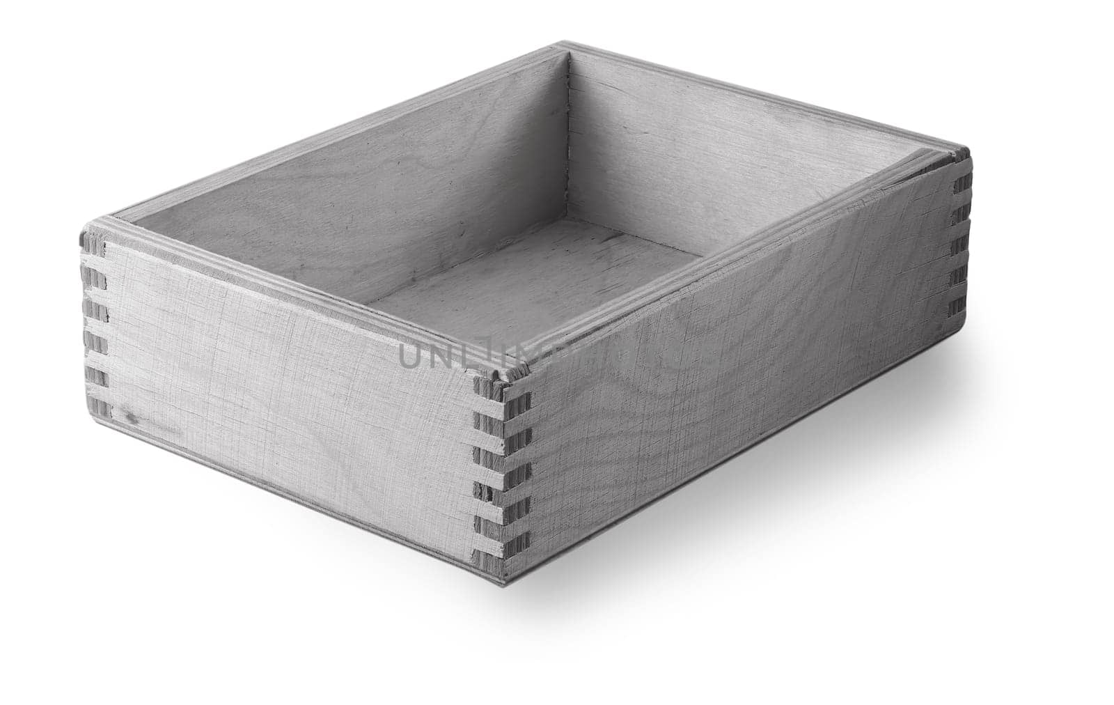The wooden box isolated on the white background. Selective focus