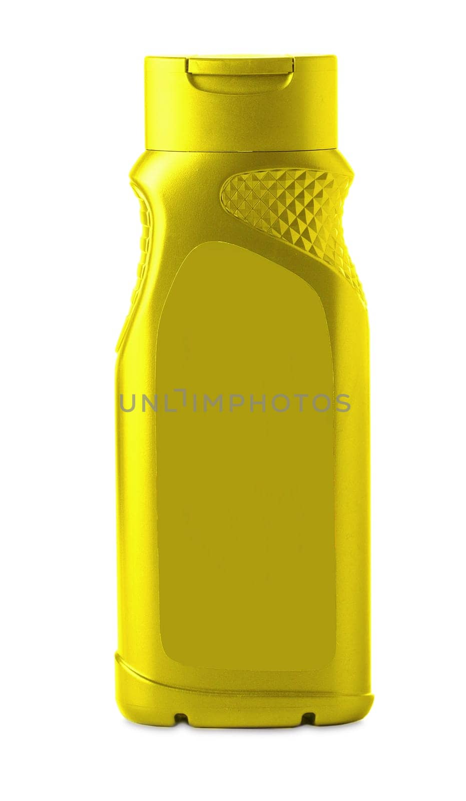 The yellow plastic bottle with the male shower gel isolated on white background