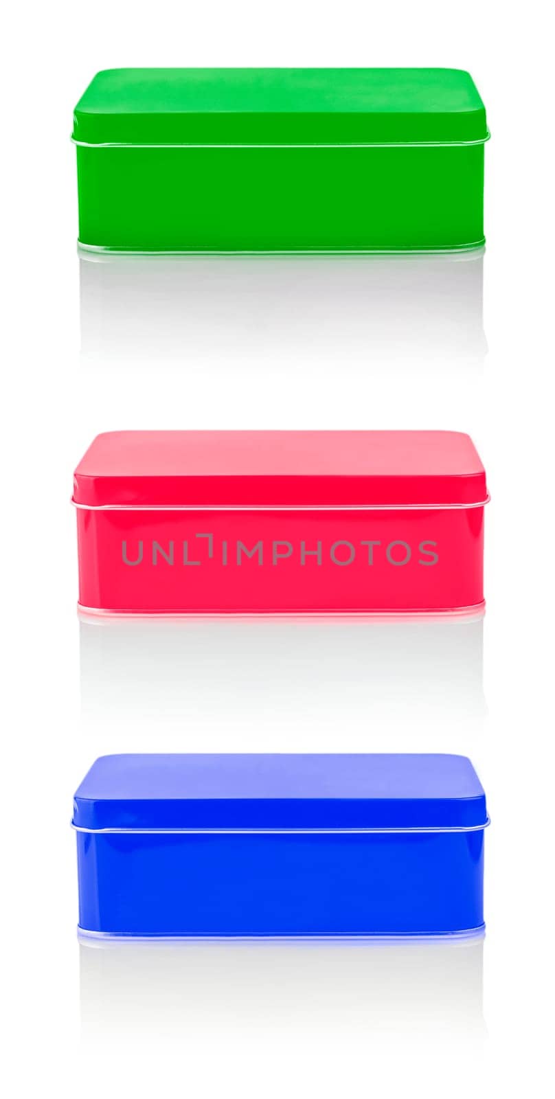 The Closed Empty colored metal box close-up isolated on white background