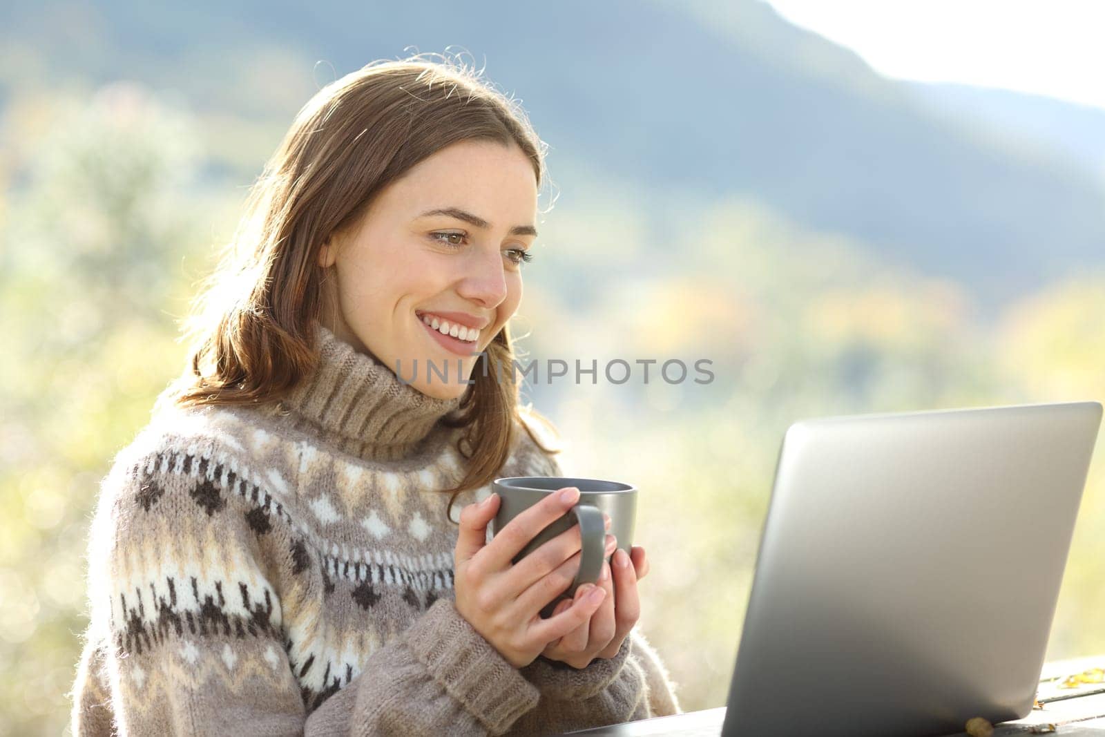 Happy woman in winter watching media on laptop sitting in a park