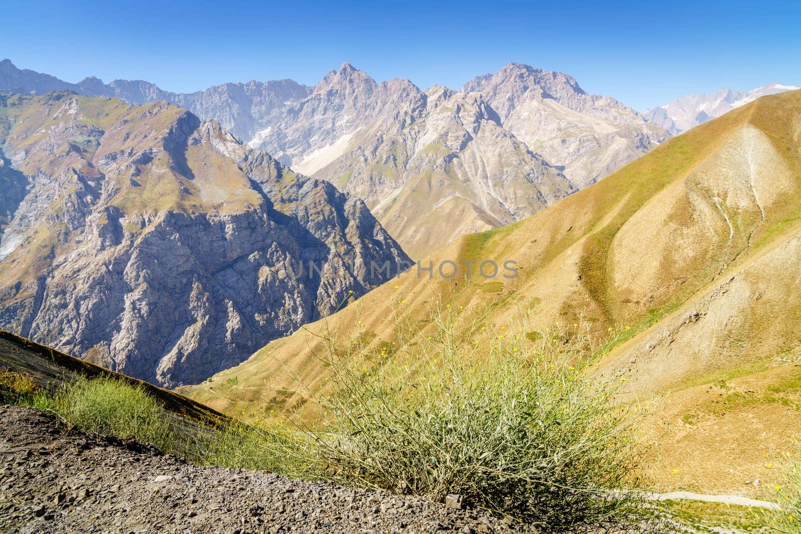 A spectacular view of the the Zarafshan Mountain Range from Anzob Pass in Tajikistan
