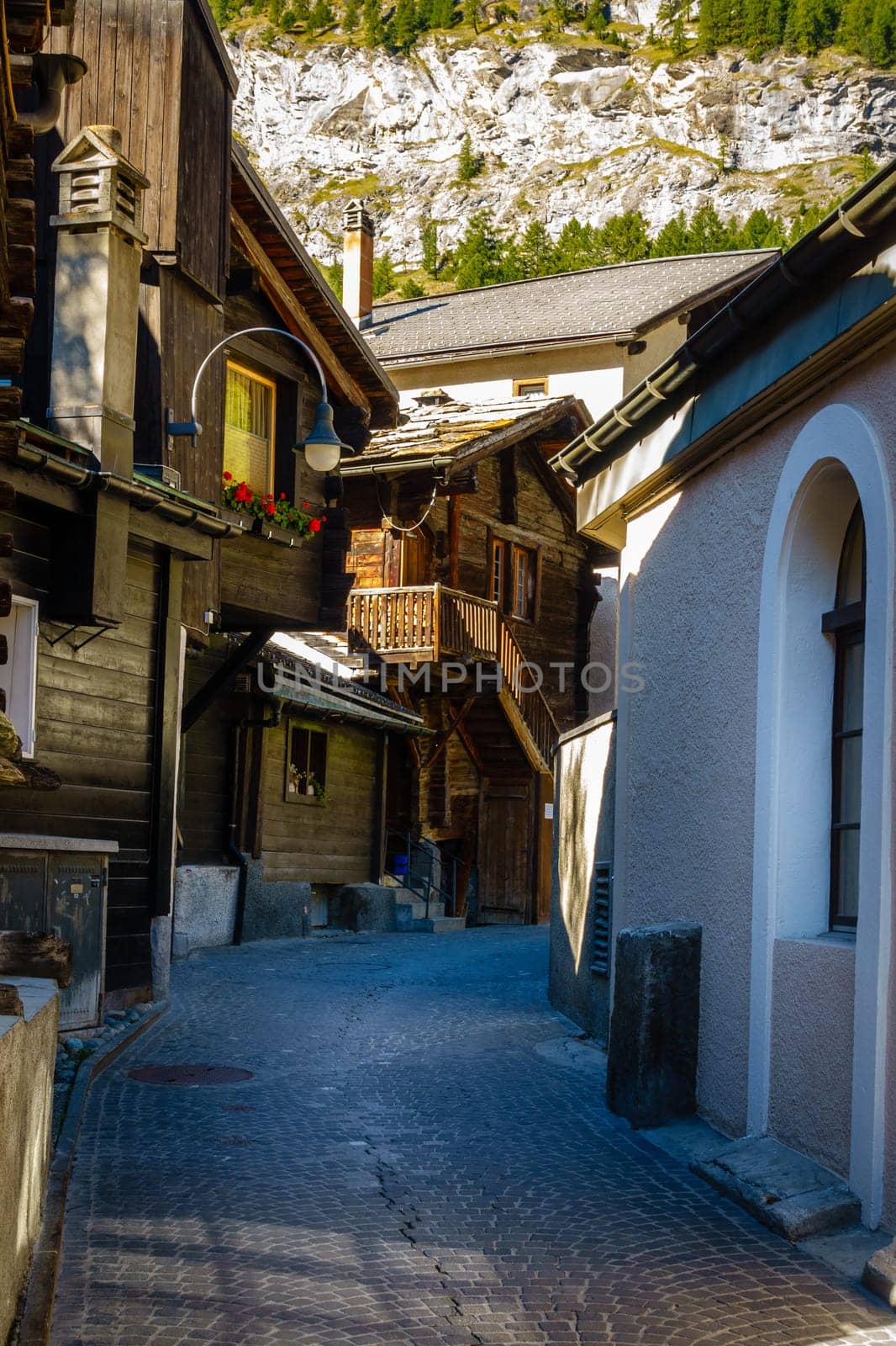 Small residential street in alpine resort town of Zermatt, Switzerland
