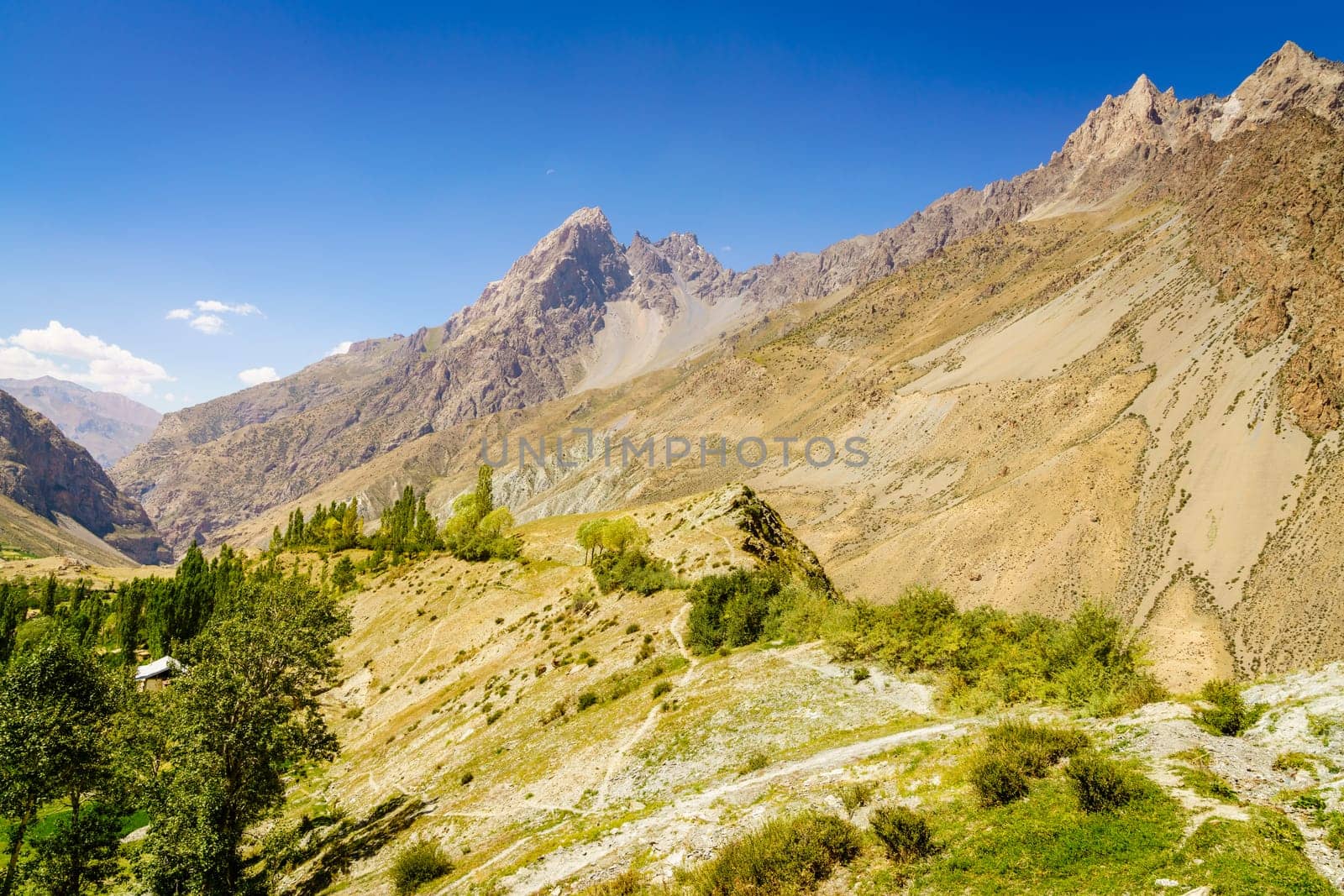 Scenic view of Yaghnob Valley and a mountain village in Tajikistan