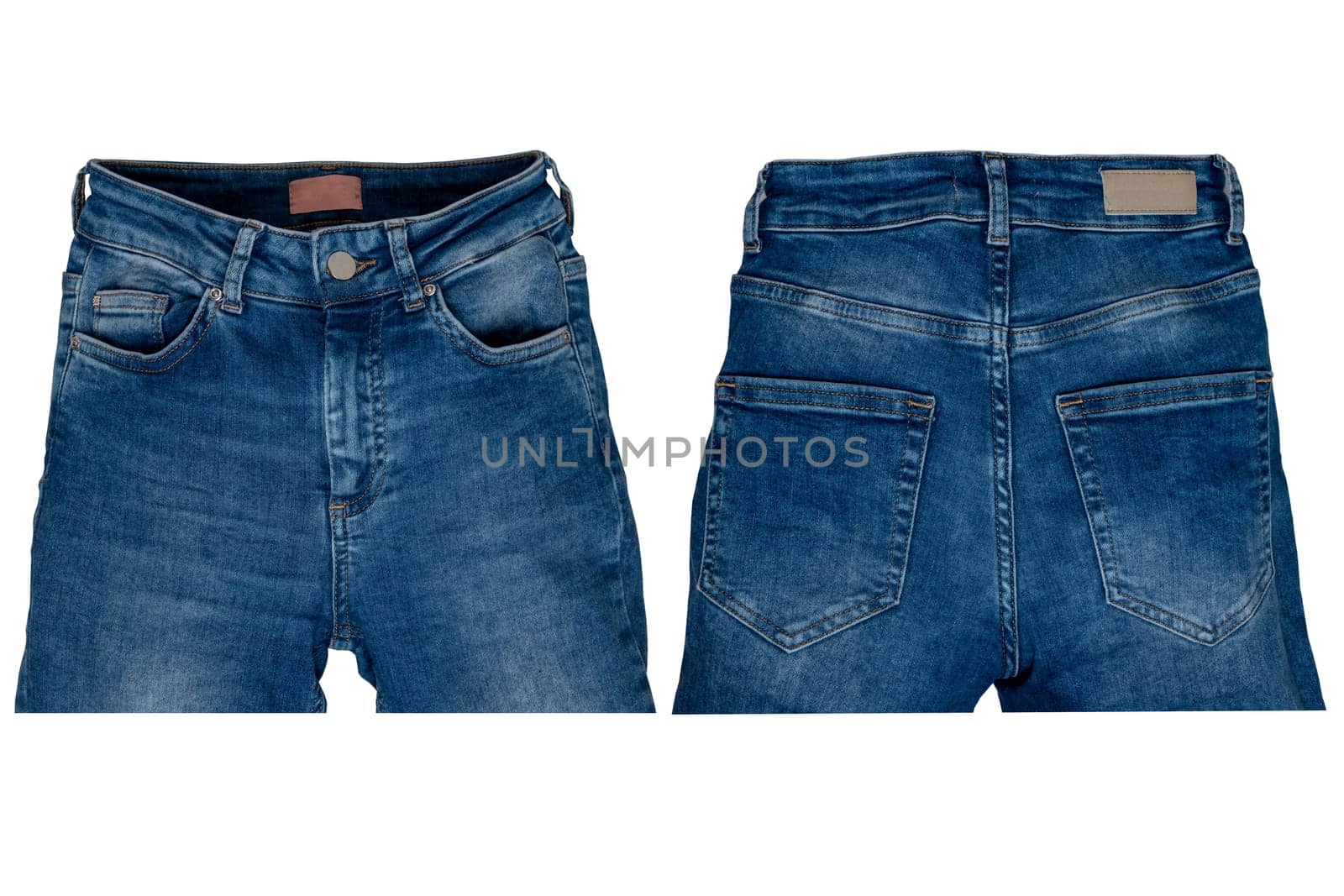 Trendy stylish blue denim pants or trousers isolated on a white background. Womans summer and autumn fashion. Collage set front and back view.