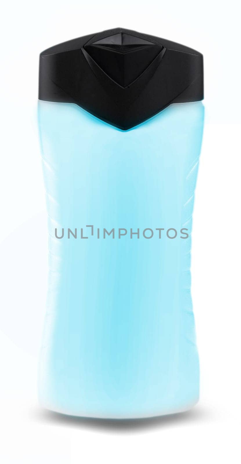 The azure plastic bottle with male shower gel on white background